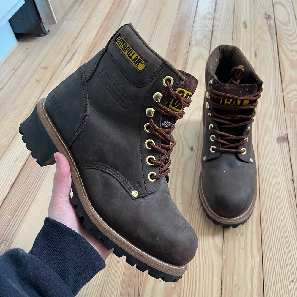 Caterpillar Steel Toe Work Boots Mens 10 Dark Brown Oil Tan Leather Water Resist